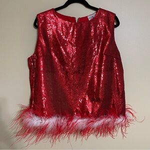 QUEEN OF SPARKLES Red Sequin Tank with Red & White‎ Feathers - SIZE XL